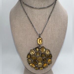 Vtg silvertone and rhinestone faux gemstone crystal large pendant necklace